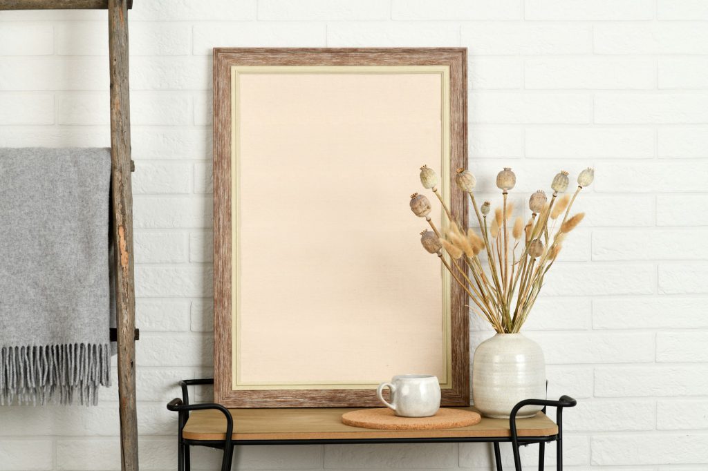 Mockup poster frame with cozy home items